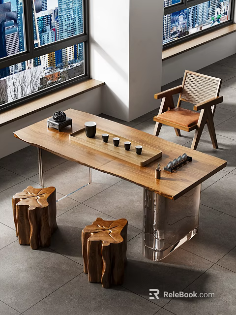 Modern Minimalist Wooden Tea Table and Chairs with Rattan Seat and Stump Stools 3d model 