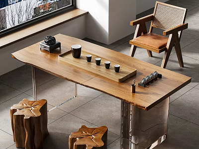 Modern Minimalist Wooden Tea Table and Chairs with Rattan Seat and Stump Stools 3d model