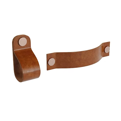 Brown Leather Furniture Handles with Curved Design and Metal Rivets for Cabinets 3d model