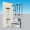 Modern Bathroom Interior With Freestanding Bathtub Black Shower Fixtures And Towel Rack