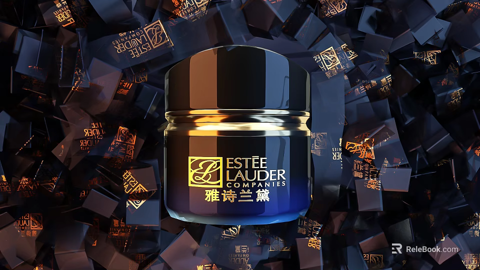 Estee Lauder Cosmetic Cream With Black Gold Design And Branded Cubes Background 3d model 