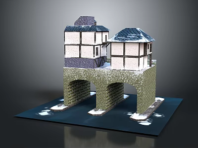 Traditional Architecture With White Brown Facade Dark Roof On Stone Bridge Over Water Surface 3d model