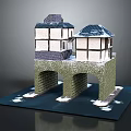 Traditional Architecture With White Brown Facade Dark Roof On Stone Bridge Over Water Surface