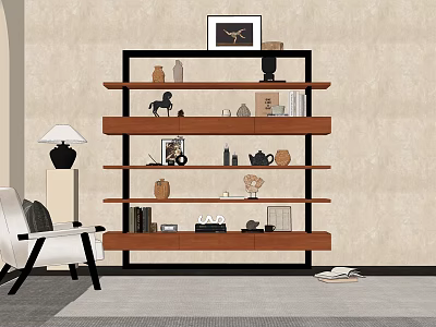 Modern Bookcase With Wooden Shelves Black Frame And Decorative Vases Horse Figurine Books 3d model