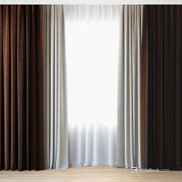 Elegant Brown And White Layered Curtains For Window Light Filtering Home Decor 3d model