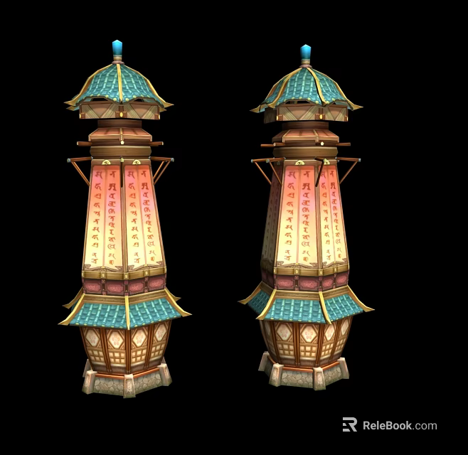 Cartoon Scene Multi Layered Towers With Green Tops Pink Decorations And Golden Details 3d model 