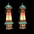 Cartoon Scene Multi Layered Towers With Green Tops Pink Decorations And Golden Details