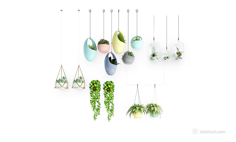 Colorful Hanging Planters With Green Trailing Plants For Indoor Home Decor 3d model 