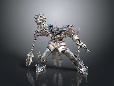 Silver Sci Fi Mechanical Warrior With Detailed Armor And Warhammer Weapon 3d model