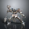 Silver Sci Fi Mechanical Warrior With Detailed Armor And Warhammer Weapon