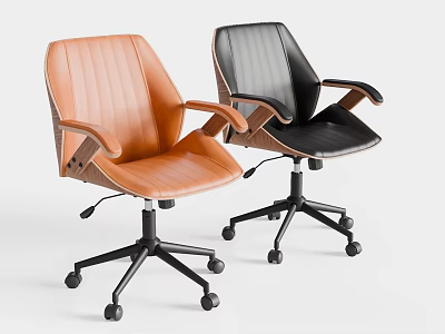 Brown And Black Leather Office Chair With Armrests And Black Wheel Base 3d model