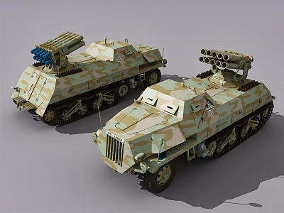 Camouflaged Military Utility Vehicles With Rocket Launchers Tracked Design And Multiple Tubes 3d model