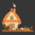 Charming Orange And White Small House Featuring Pointed Roof Chimney Pumpkin Decorations Snowmen And Cart