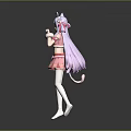 Cute Game Anime Character With Purple Long Hair Cat Ears Pink Skirt And White Stockings