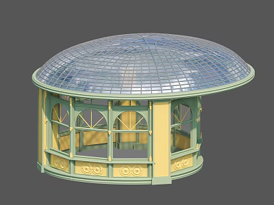 Circular Landscape Pavilion With Glass Dome Roof And Yellow Green Arched Windows 3d model