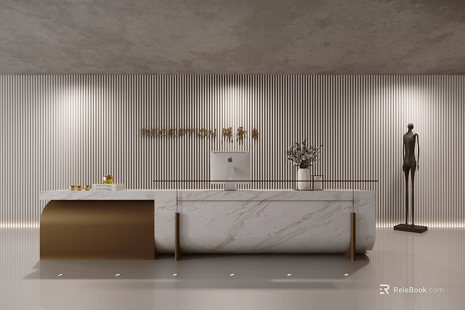Modern Reception Desk Design With Marble Countertop Vertical Striped Wall And Potted Plant 3d model 