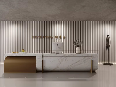 Modern Reception Desk Design With Marble Countertop Vertical Striped Wall And Potted Plant 3d model