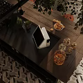 Modern Industrial Café Interior With Green Plants And Wooden Furniture