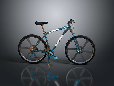 Stylish Blue And White Mountain Bicycle With Black Tires And Reflective Surface 3d model
