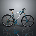 Stylish Blue And White Mountain Bicycle With Black Tires And Reflective Surface