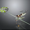 Green And White Spacecraft Flying With Laser Beams In Cosmic Space