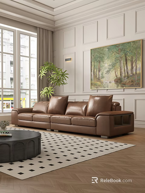Brown Leather Double Sofa In Modern Living Room With Forest Painting And Green Plant 3d model 
