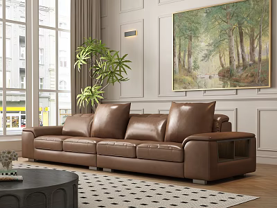 Brown Leather Double Sofa In Modern Living Room With Forest Painting And Green Plant 3d model