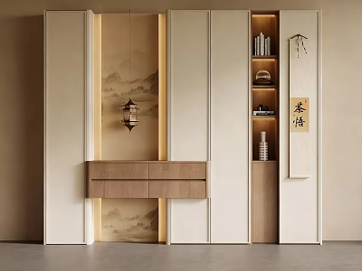 Chinese Style Entryway Cabinet Sideboard With Landscape Painting Lighting And Storage Drawers 3d model