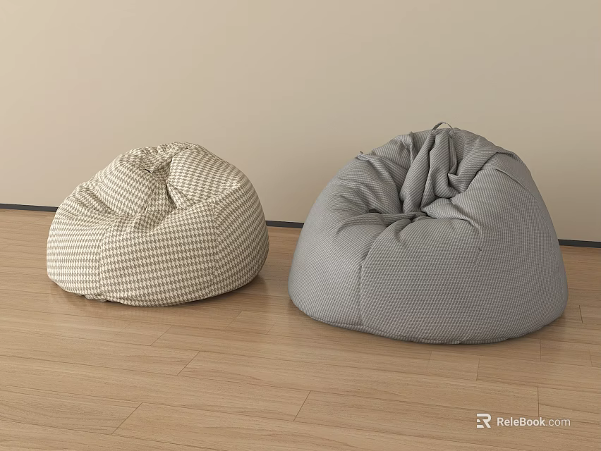 Two Beige Checkered and Gray Bean Bag Chairs on Wooden Floor with Light Wall 3d model 