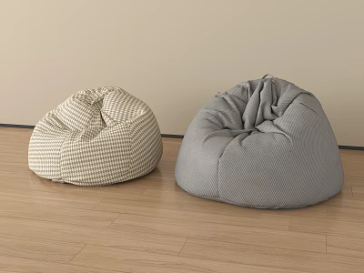 Two Beige Checkered and Gray Bean Bag Chairs on Wooden Floor with Light Wall 3d model