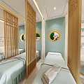 Elegant Beauty Salon Interior Featuring Light Green Walls Golden Accents Circular Decor And Treatment Beds