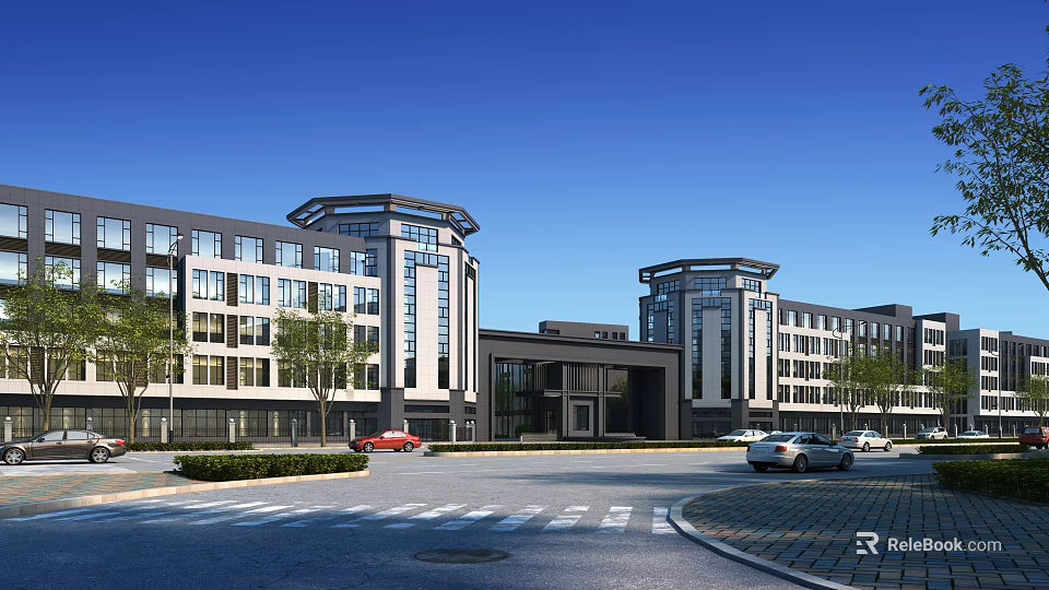 Modern Entrance Gate Architectural Design With Glass Facade And Surrounding Landscape 3d model 