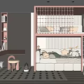 Pink And White Kids Room With Bunk Bed Sofa Bed Desk And Checkered Rug