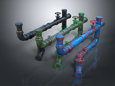 Colorful Industrial Pipes In Black Green Blue And Red With Valves And Connections 3d model