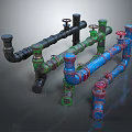 Colorful Industrial Pipes In Black Green Blue And Red With Valves And Connections