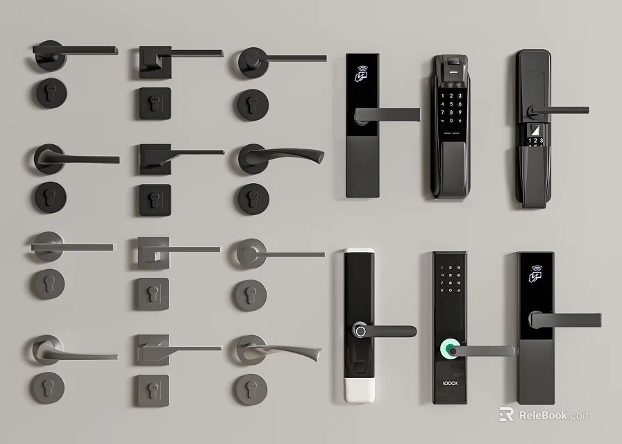 Modern Home Door Handles Collection With Mechanical And Smart Lock Designs In Black Gray 3d model 