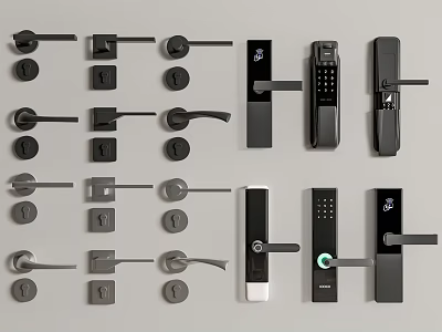 Modern Home Door Handles Collection With Mechanical And Smart Lock Designs In Black Gray 3d model