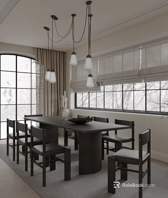 Elegant Restaurant Interior with Dark Dining Table Chairs Pendant Lights Arched Windows Blinds Snow View 3d model 