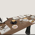 Decorative Ornament Set With Open Book Coffee Cup Tableware And Small Plates On Wooden Table