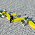 Yellow Curved Landscape Seats With Small Tables And Potted Plants In Outdoor Public Space