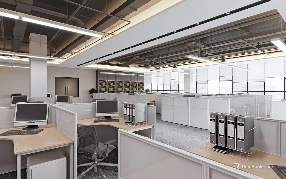 Modern Public Office Interior With Open Layout Cubicle Workstations Desks Computers And Chairs 3d model