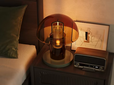 Amber Glass Table Lamp On Bedroom Bedside Table With Vintage Radio And Warm Light 3d model