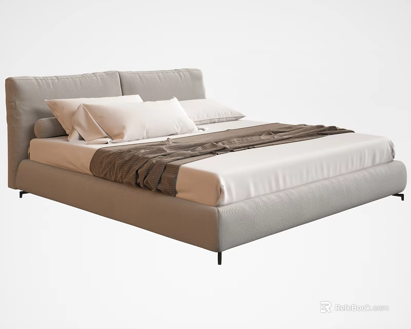 Modern Double Bed With Grey Upholstered Headboard White Sheets And Brown Blanket For Minimalist Bedroom 3d model 