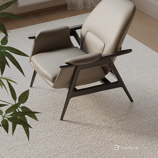 Stylish Leisure Chair In Light Leather With Dark Wooden Frame And Green Plant On Carpet 3d model 