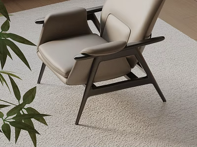 Stylish Leisure Chair In Light Leather With Dark Wooden Frame And Green Plant On Carpet 3d model