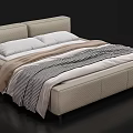 Modern Upholstered Double Bed With Textured Headboard And Striped Blanket White Pillows 3d model