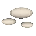 Three White Minimalist Pendant Lights With Paper Shades Hanging Oval Shapes Gray Background
