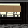 Modern Dark Wood Wine Cabinet With Glass Shelves Displayed Wine Bottles And Bar Stool