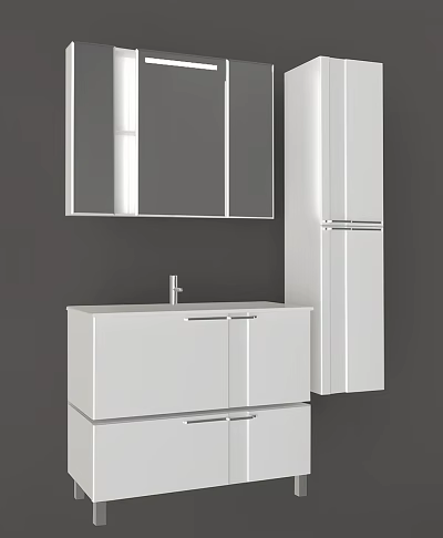 Modern White Bathroom Vanity With Mirror And Storage Cabinets Interior Design 3d model