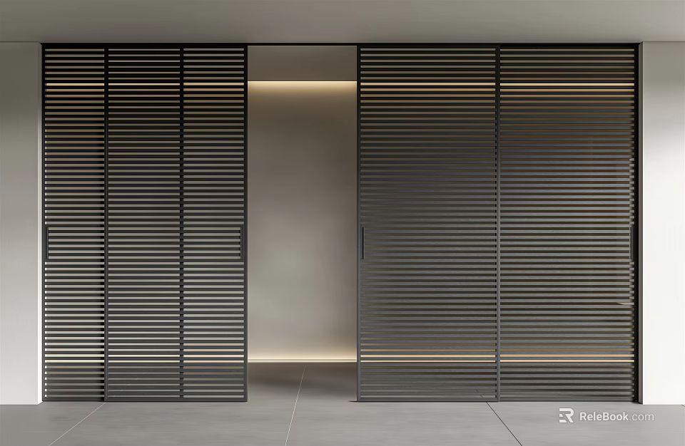 Black Metal Slatted Sliding Doors Enhancing Modern Indoor Space With Warm Light 3d model 